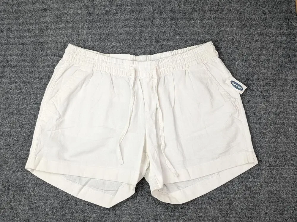 Old Navy Shorts Womens L White Linen Blend Pull On Elastic Waist Chino Casual